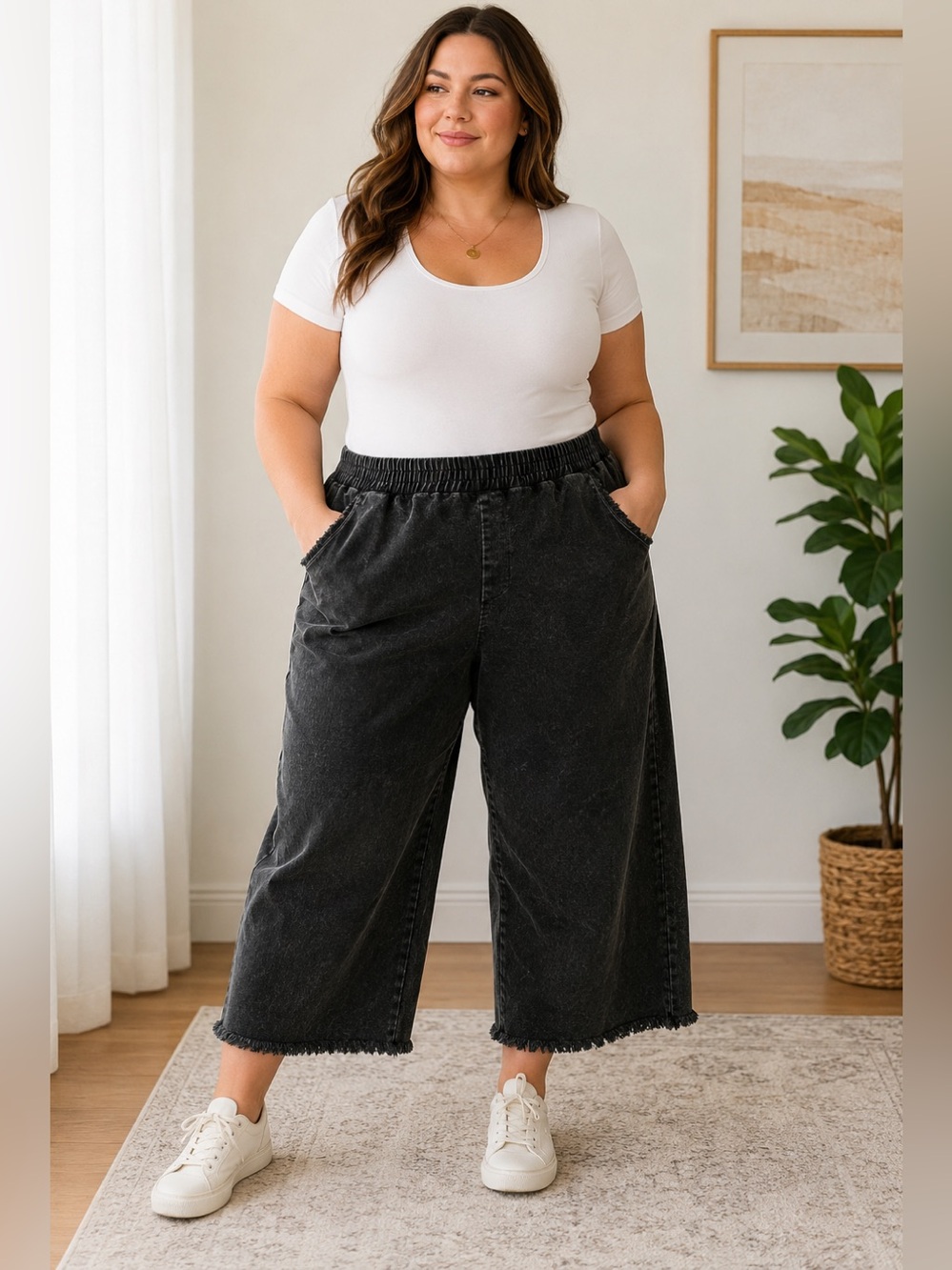 Umgee Plus 2XL Black Mineral Wash Corduroy Wide Leg Cropped Pants Frayed Hem